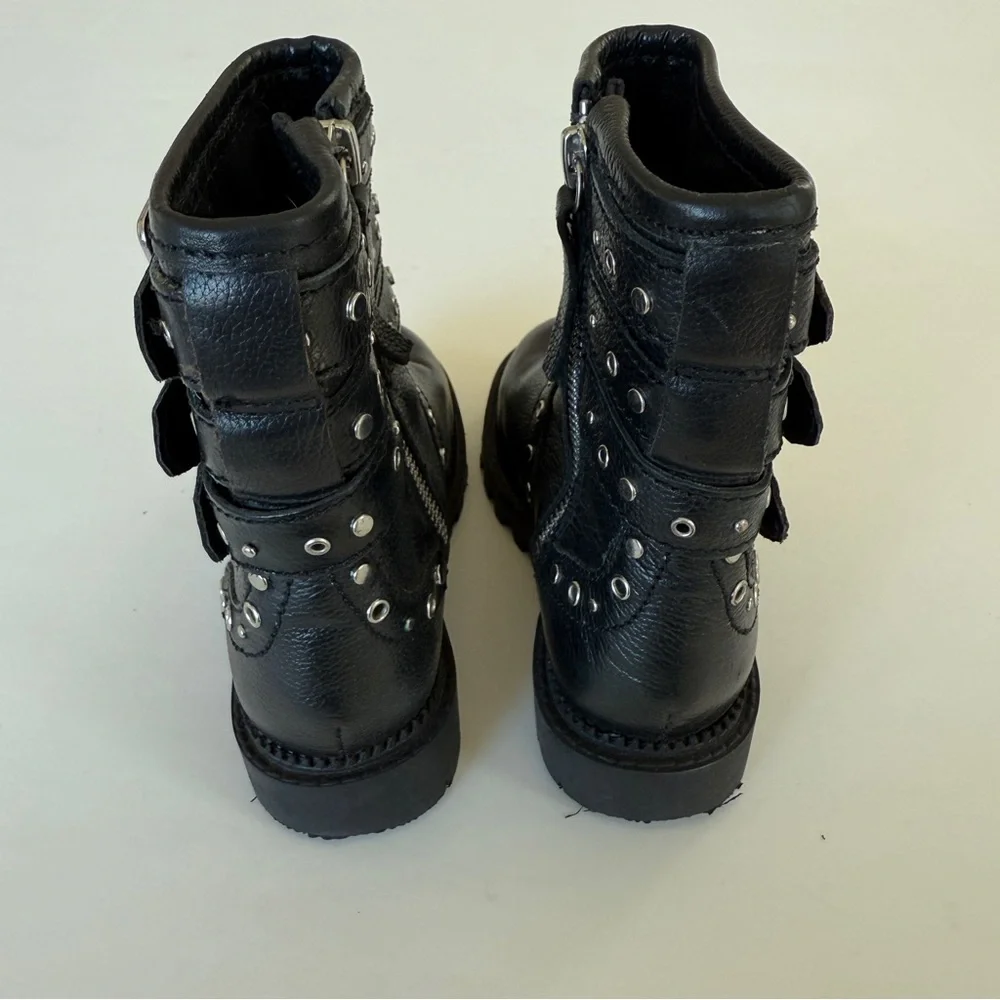 Zara Girls Studded Moto Combat Boots Black Silver Buckle Boots 10.5